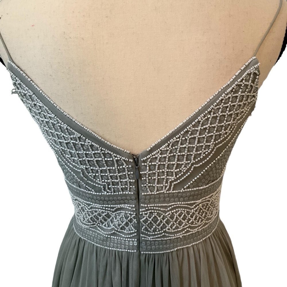 Adrianna Papell Sage Green Gray Aida Beaded Tulle Gown Prom Dress Sz 4 Formal - Picture 12 of 14